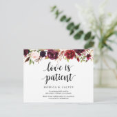 ブルゴンディ花模様、結婚式招待状延期 ポストカード (スタンド正面)