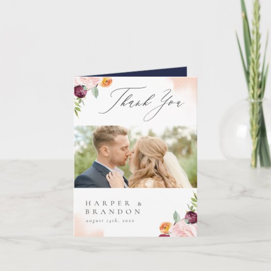 ブルゴンディ・ピンク・ネイビー・フローラ・ボタニカル・サンキュー サンキューカード (正面)