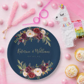 ブルゴンディ・フローラ・ネイビー・ブルー・金ゴールドズ・結婚婚約 ペーパープレート (パーティー)