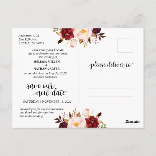 ブルゴンディ・救花模様、新しい日付、結婚延期 ポストカード (裏面)