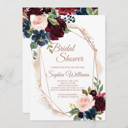 ブルゴンディ、海軍、金ゴールドブライダルシャワー招待 招待状 (正面/裏面)