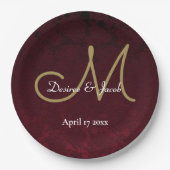 ブルゴンディ・金ゴールド・ホワイト・フローラ・モノグラム ペーパープレート (正面)