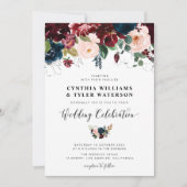 ブルゴーエレガントンディ&ネービー·ブルー·フローラ結婚ズ 招待状 (正面)