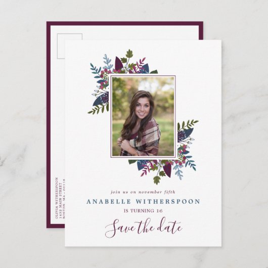 ブルゴーディ·ブルー葉·ズ·スイート16写真保存日 案内ポストカード (正面/裏面)