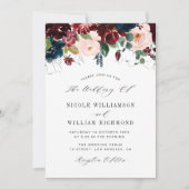 ブルゴーニエレガントュとネイビーブルーのフローラ結婚の脚本 招待状 (正面)