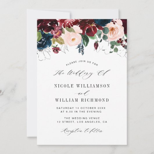 ブルゴーニエレガントュとネイビーブルーのフローラ結婚の脚本 招待状 (正面)