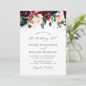 ブルゴーニエレガントュとネイビーブルーのフローラ結婚の脚本 招待状 (スタンド正面)