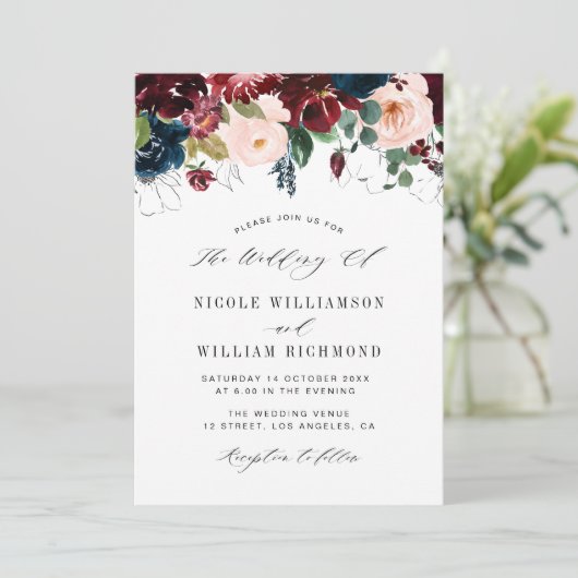 ブルゴーニエレガントュとネイビーブルーのフローラ結婚の脚本 招待状 (スタンド正面)