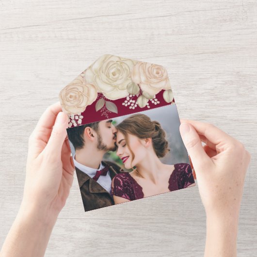 ブルゴーニエレガントー水彩フローラQRコードウェブサイト オールインワン招待状 (開いている状態)