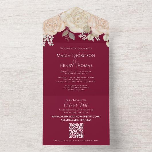 ブルゴーニエレガントー水彩フローラQRコードウェブサイト オールインワン招待状 (内側)