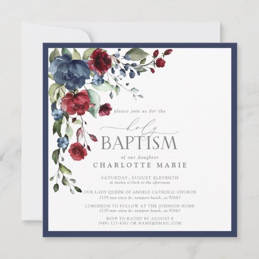 ブルゴーニエレガントー海軍ブルーフローラバプテスマ 招待状 (正面)