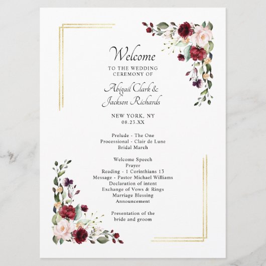 ブルゴーニエレガントー金箔フローラ結婚の式典 プログラム (正面)