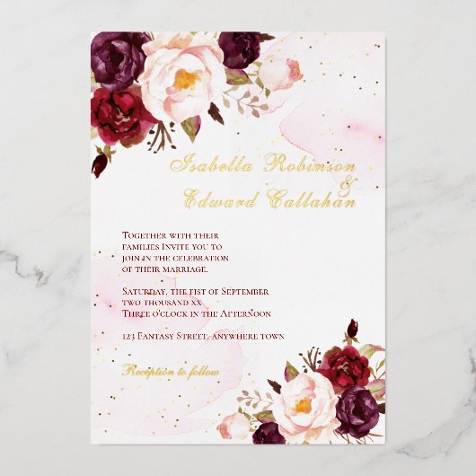 ブルゴーニエレガントー&赤面バラズ結婚ゴールドフォイル 箔招待状 (正面)