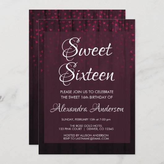 ブルゴーニベルベットハートスウィート16バースデーパーティー 招待状 (正面/裏面)