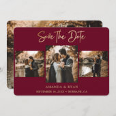 ブルゴーニモダンーとゴールドフォイル結婚の4枚の写真 セーブザデート (正面/裏面)