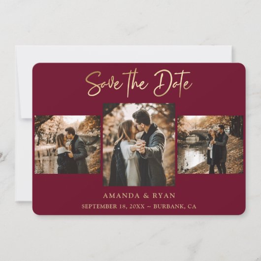 ブルゴーニモダンーとゴールドフォイル結婚の4枚の写真 セーブザデート (正面)