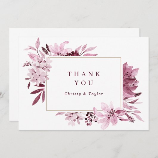 ブルゴーニモダンー赤面水彩フローラありがとう サンキューカード (正面/裏面)