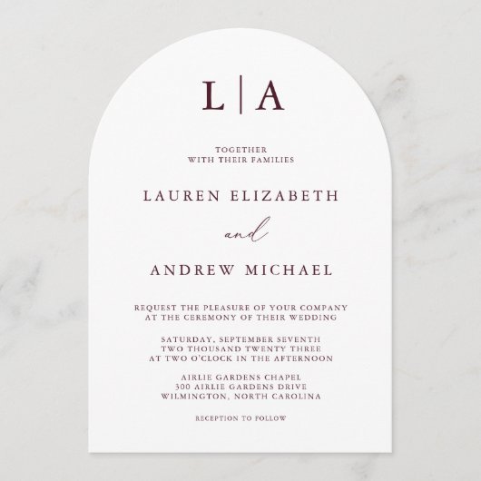 ブルゴーニモノグラムアルチシンプルムミニマル結婚リスト 招待状 (正面)