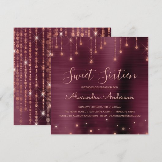ブルゴーニュおよびバラ金ゴールドSweet sixteen誕生日 招待状 (正面/裏面)