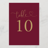 ブルゴーニュおよび金ゴールドハートスクリプトテーブル番号 招待状 (裏面)
