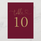 ブルゴーニュおよび金ゴールドハートスクリプトテーブル番号 招待状 (正面)