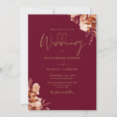 ブルゴーニュおよび金ゴールドQRコード秋の結婚式 招待状 (正面)