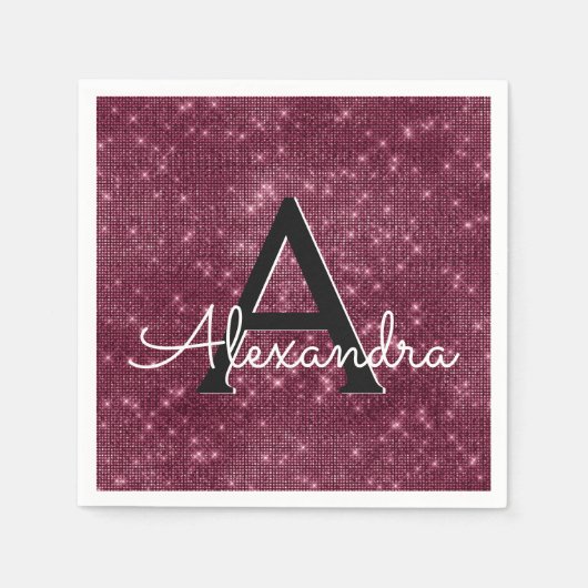 ブルゴーニュきらめく&スパークルモノグラム誕生日 スタンダードカクテルナプキン (正面)