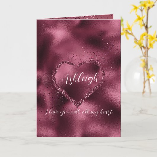 ブルゴーニュさくらんぼグリッタースパークルパーソナライズされたハート カード (黄色い花)