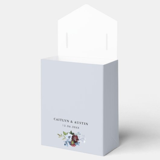 ブルゴーニュで埃っぽいブルーフローラ結婚式の引き出物箱 フェイバーボックス (オープン)