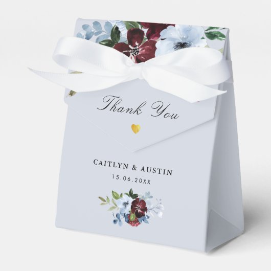 ブルゴーニュで埃っぽいブルーフローラ結婚式の引き出物箱 フェイバーボックス (正面サイド)