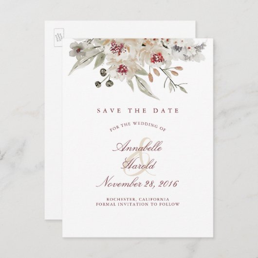 ブルゴーニュとアイボリーフローラ日付を保存 案内ポストカード (正面/裏面)