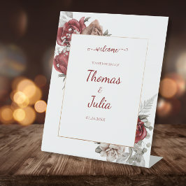 ブルゴーニュとエレガントなウェディング花模様へようこそ 台座サイン