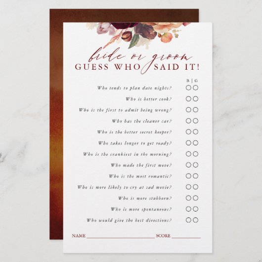 ブルゴーニュとオレンジのフローラ花嫁または花婿を推測 (正面/裏面)