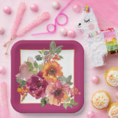 ブルゴーニュとオレンジの秋の水色の花 ペーパープレート (パーティー)