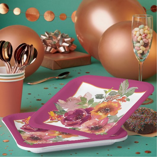 ブルゴーニュとオレンジの秋の水色の花 ペーパープレート (複数)