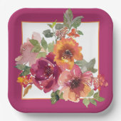 ブルゴーニュとオレンジの秋の水色の花 ペーパープレート (正面)