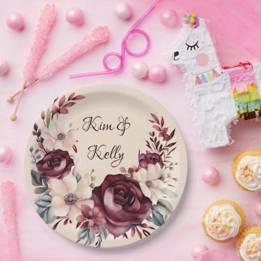 ブルゴーニュとクリームウォーターのカラーバラ結婚ズ ペーパープレート (パーティー)