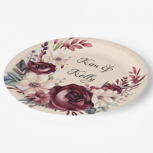 ブルゴーニュとクリームウォーターのカラーバラ結婚ズ ペーパープレート (アングル)