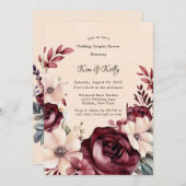 ブルゴーニュとクリーム結婚バラのカップルのシャワー 招待状 (正面/裏面)