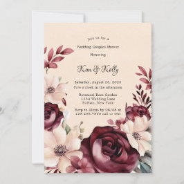 ブルゴーニュとクリーム結婚バラのカップルのシャワー 招待状