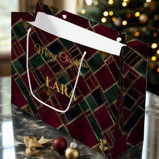 ブルゴーニュとグリーンの幾何学模様のクリスマス オーダーメイドギフト ラージペーパーバッグ