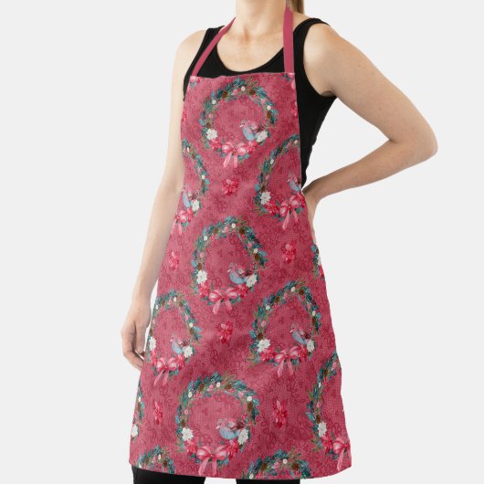 ブルゴーニュとグリーンクリスマスリースと（鳥）ショウジョウコウカンチョウ エプロン (インサイチュ)