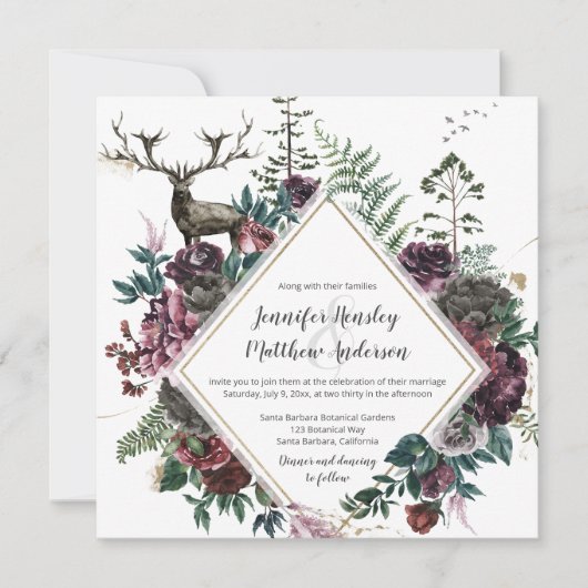 ブルゴーニュとグレーのフローラ、牡鹿と緑| 招待状 (正面)