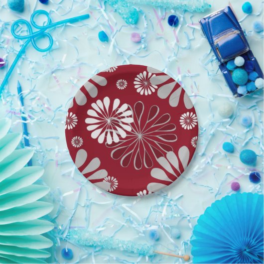 ブルゴーニュとグレーの花の模様 ペーパープレート (パーティー)