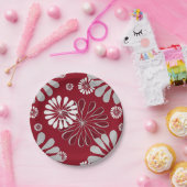 ブルゴーニュとグレーの花の模様 ペーパープレート (パーティー)