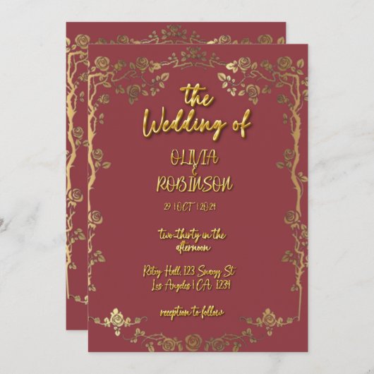 ブルゴーニュとゴールデン3D文字効果結婚の 招待状 (正面/裏面)
