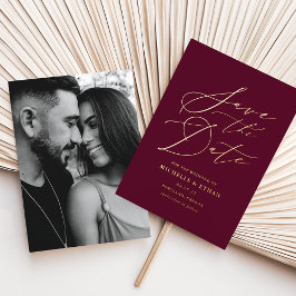 ブルゴーニュとゴールドのカリグラフィー写真Save the Date 箔招待状