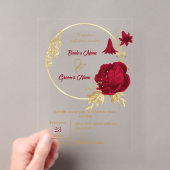 ブルゴーニュとゴールドの花のエレガントなリースの結婚式 アクリル招待状 (インサイチュ (ポータブル))