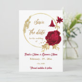 ブルゴーニュとゴールドの花 ボタニカルリースの結婚式 セーブザデート (スタンド正面)