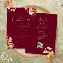 ブルゴーニュとゴールドのQRコードの秋の結婚式